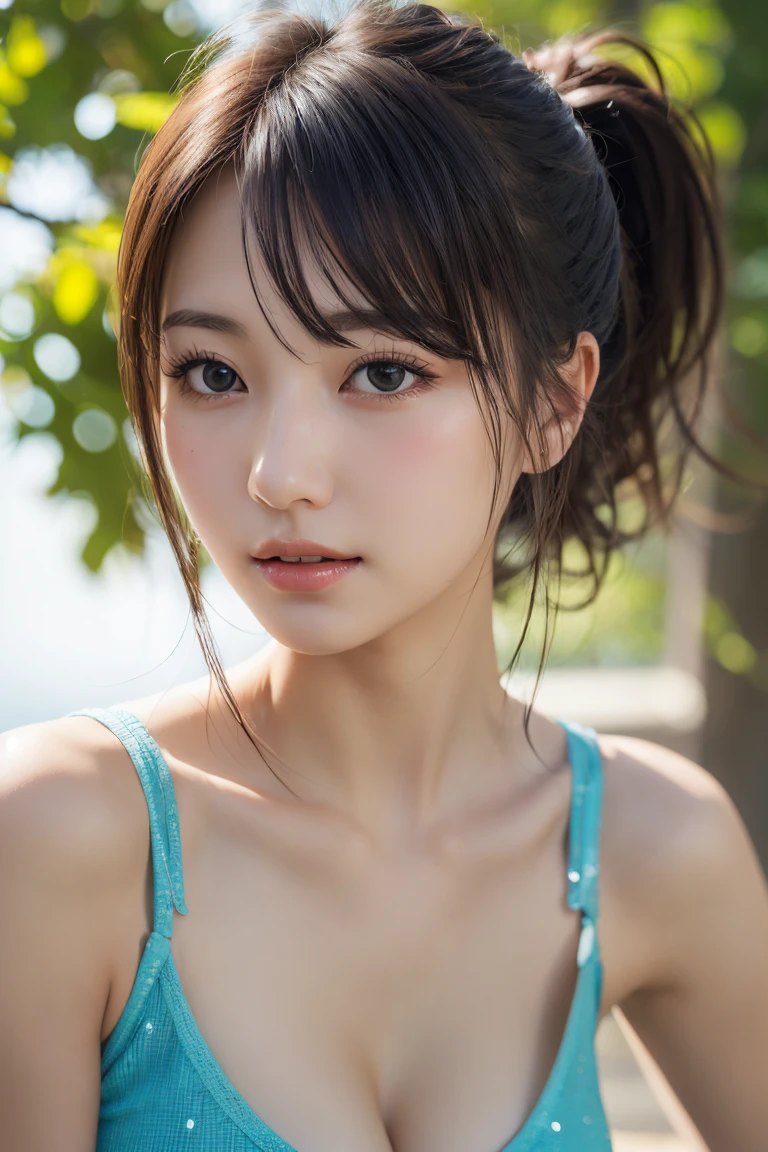 (RAW Photos, Highest quality),(Realistic, photo-Realistic:1.3), masterpiece, Very delicate and beautiful, Very detailed, CG, Unity , 2k wallpaper, wonderful, In detail, A light smile, Very detailed CG Unity 8k wallpaper, Large file size, Very detailed, High resolution, Absurd, Soft Light, ponytail, Short bangs, Blonde, Floating Hair NovaFrogStyle, Beautiful detailed girl, Detailed fingers, Very detailed eyes and face, Beautifully detailed nose, Beautiful attention to detail, Long eyelashes, Light on the face, View your viewers, Mouth closed, One person, cute, young, Mature Face, whole body, Small breasts, Realistic face, Realistic body, Beautiful thigh details, Urzan-6500-v1.1, roller:Korean doll-like_At 3 p.m., Costumes : Crop top, Aqua Eye