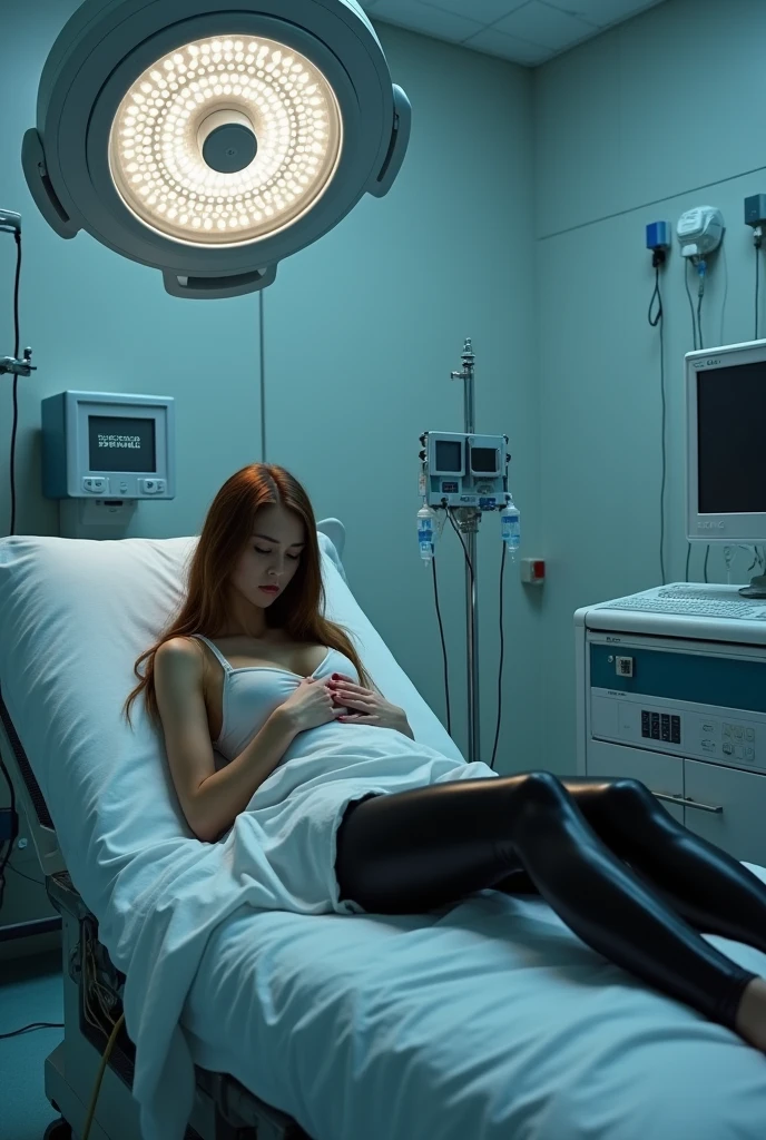 a slightly worried girl lies on a bed in the operating room in latex leggings