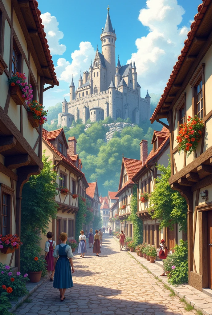 watercolor、background、Medieval streetscape、Castle visible in the distance