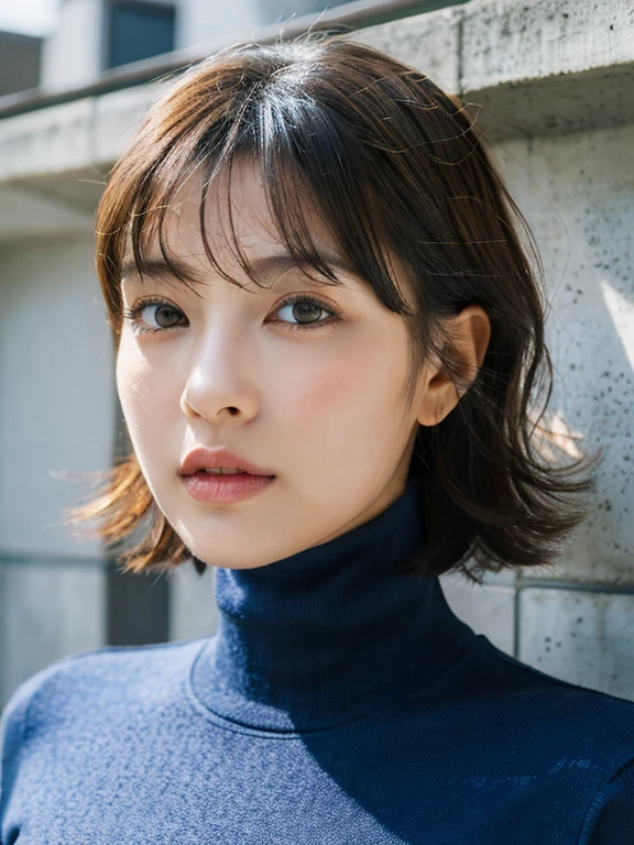 (A hyper-realistic), , (hight resolution), (8k), (ighly detailed), (The best illustrations), (beatiful detailed eyes), (top-quality), (Ultra-detail), (​masterpiece), (mortar wallpaper), (Detailed face), a park,Armpit, Thick,,,solo,Girl wearing dark blue long-sleeved turtleneck knit and striped shirt, full of sweat, japanes, ,Concrete background、Tile background、Upper body、Curly hair,Realistic eyes,Short Hair
