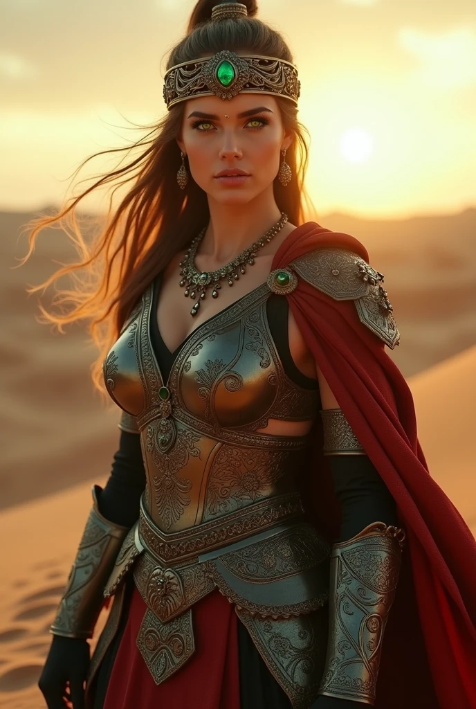 a beautiful Ottoman warrior girl, 1girl, detailed face, striking green eyes, long eyelashes, ornate headpiece, intricate armor, billowing cape, powerful stance, desert landscape, golden hour lighting, dramatic shadows, cinematic composition, muted color palette, (best quality,4k,8k,highres,masterpiece:1.2),ultra-detailed,(realistic,photorealistic,photo-realistic:1.37),digital art,concept art