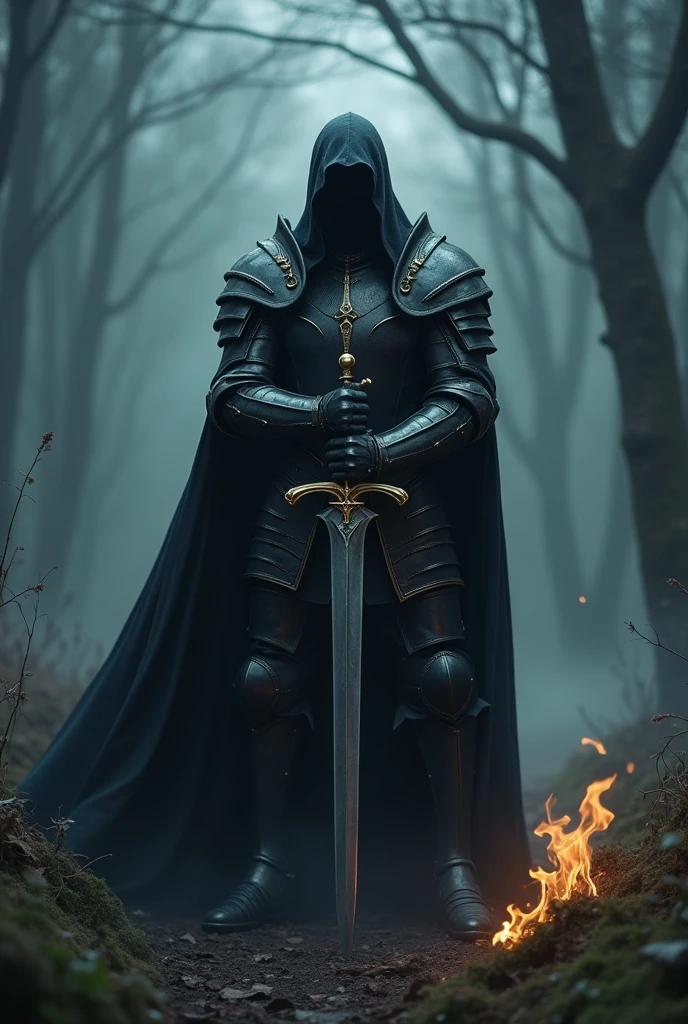 the Knight in black armor, Stab the two-handed sword into the ground, Hold the hilt of the sword with both hands, Black Cape,Otherworldly Armor,Gold color line,Night Forest,fog,Cloak fluttering in the wind,(Wear a black robe over your armor). wearing a hood. fire around him. 