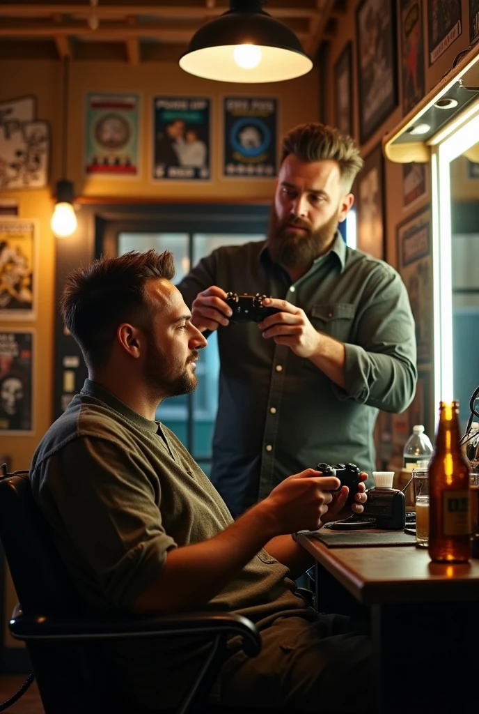 
Bearded man, cuting the hair of a man playing ps4 and beer