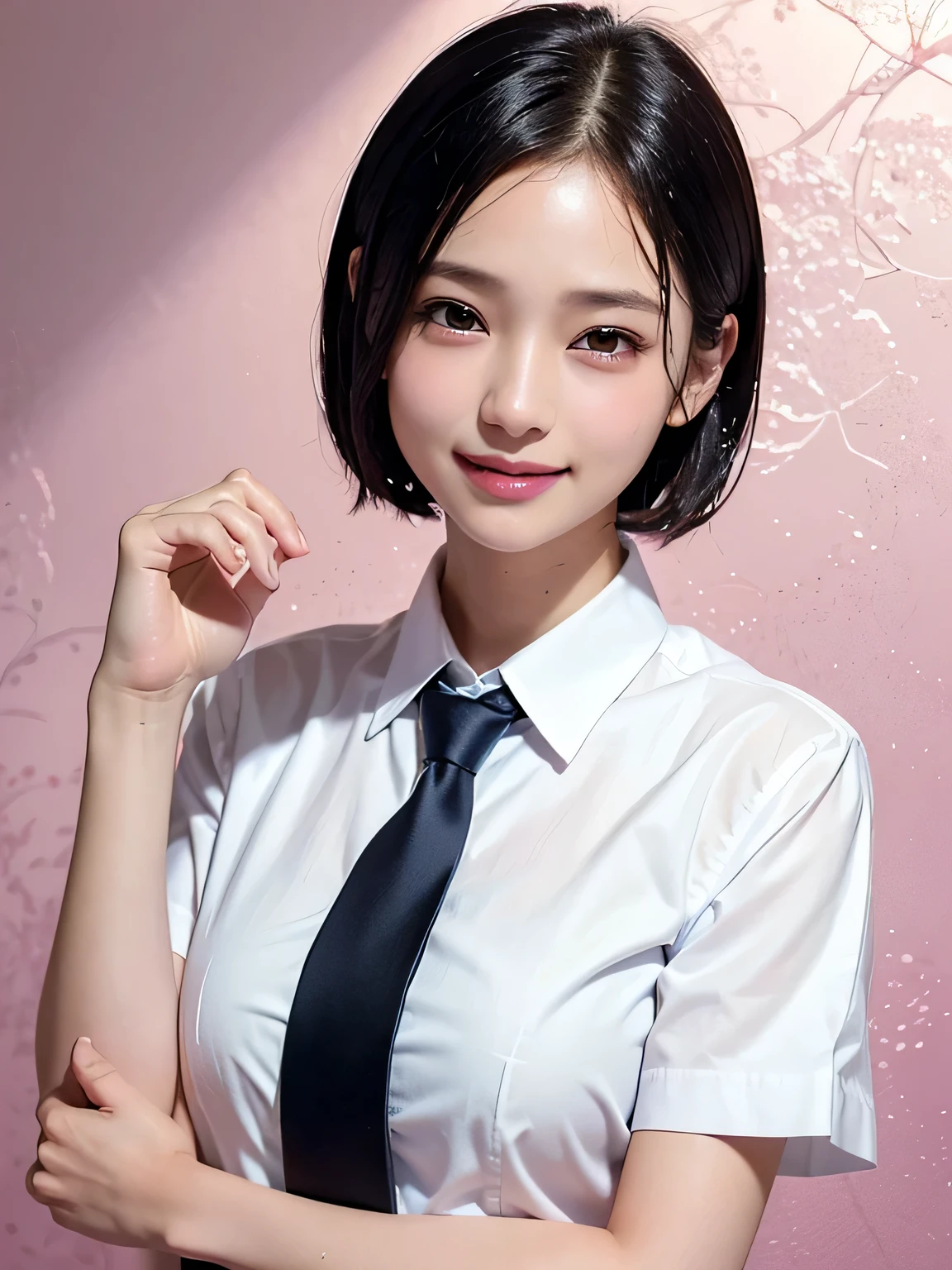 　(Highest quality、8k、32K、masterpiece、Hmph:1.2)、(masterpiece, Highest quality), Realistic photos, high school girl、、Short Bob Cut、Instagram, Bright colors, High Dynamic Contrast, Slender figure、thin、Small, shapely breasts、One person,  Purple eyes, Lips parted, blush, compensate, 軽いsmile, Blue tie、White short-sleeved shirt、sexy、((exy、Sweat, Wet, light, Shine,  Tight waist, (masterpiece), Pink Wallpaper,smile、