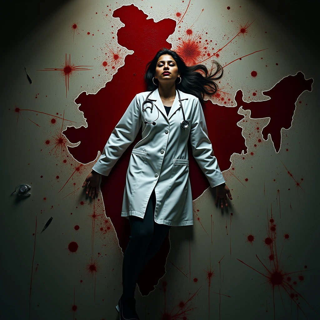 Imagin Dead Indian doctor girl lying on the map of /India The map of India is made of blood and is lying on the floor with a stenthoscope around her neck