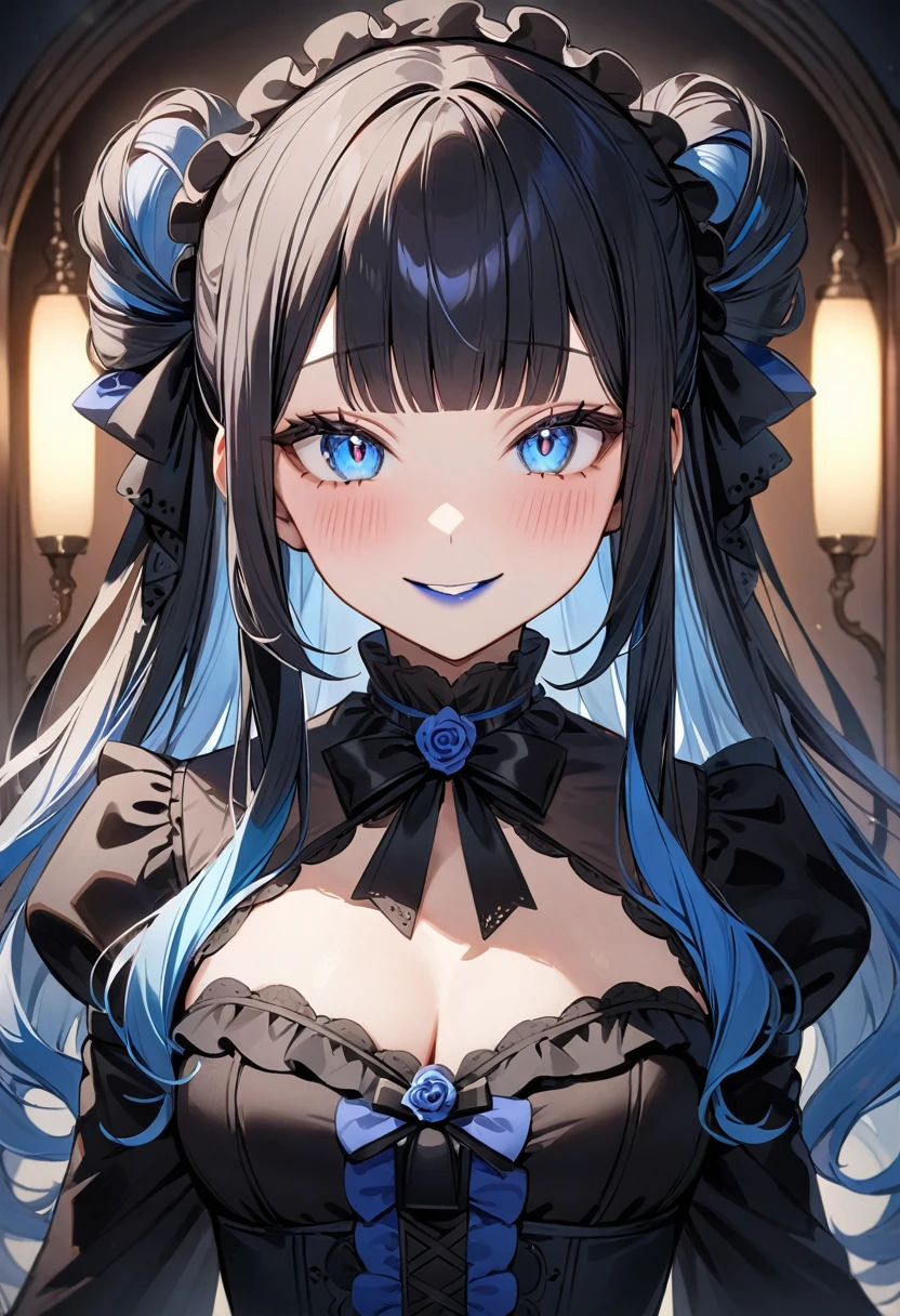 (masterpiece, top quality, very aesthetic, 4k、illustration), intricate detail, 1woman,solo,contrapposto 、(tareme)、Strong glowing eyes、blunt bangs,Fair skin,(upper body)、happy smile 、twin drills、(Blue lipstick),beautiful face、Blushing,(gradient hair)、multicolored hair,middle hair,sidelock ,blue eyes、gothic dress、medium breaster 、