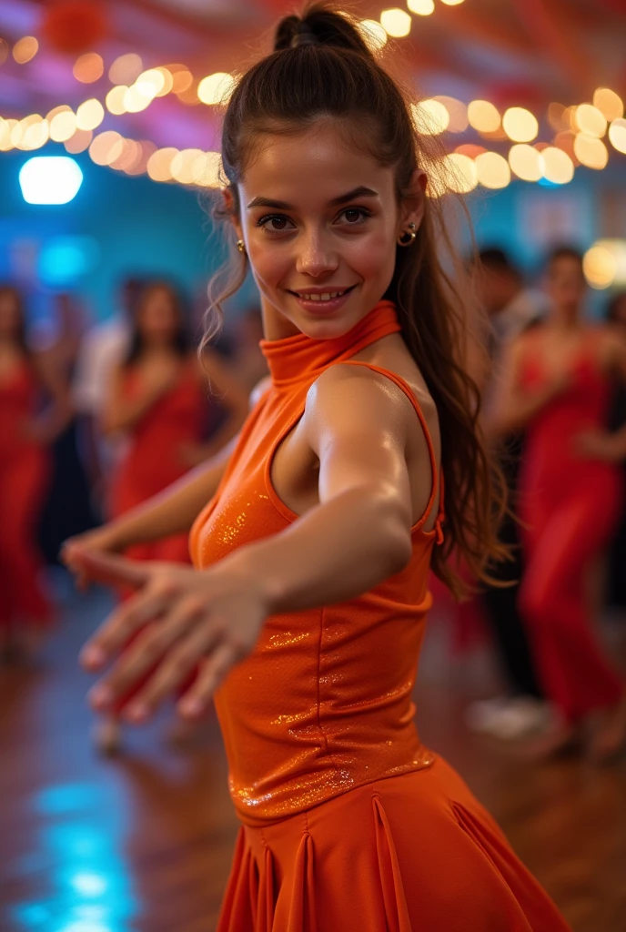 Cute Woman、Sweat shines、Latin Dancer、Strike a Pose、looking at the camera、Left hand facing towards the camera、Pose with legs raised、Shooting with a single-lens reflex camera、High-necked Latin costume、Orange Outfit、Latin Dance、whole body、