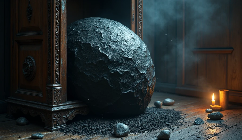 A large, dark stone falling out of an old wardrobe