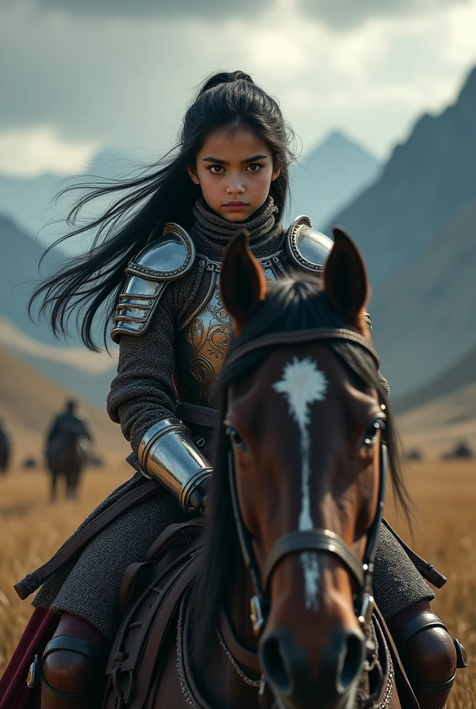 a young girl with beautiful detailed eyes, beautiful detailed lips, extremely detailed eyes and face, long eyelashes, pale skin, black hair, warrior, Genghis Khan, medieval historical armor, riding a horse, epic landscape, mountains, cloudy sky, dramatic lighting, fantasy, digital art, cinematic, highly detailed, 8k, photorealistic