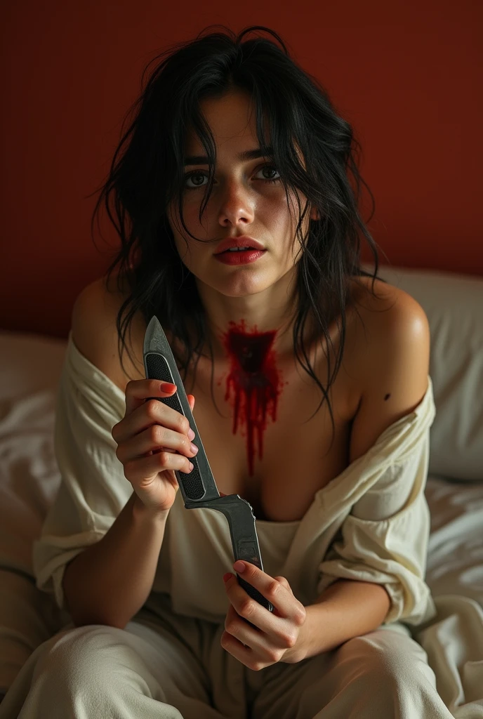 (photorealism:1.2), beautiful woman, sitting on bed, wearing loose off-shoulder top, holding knife. Bloodied and wounded, gore, injured neck, crying in pain, warm colors, horror , (throatslit:1.5)