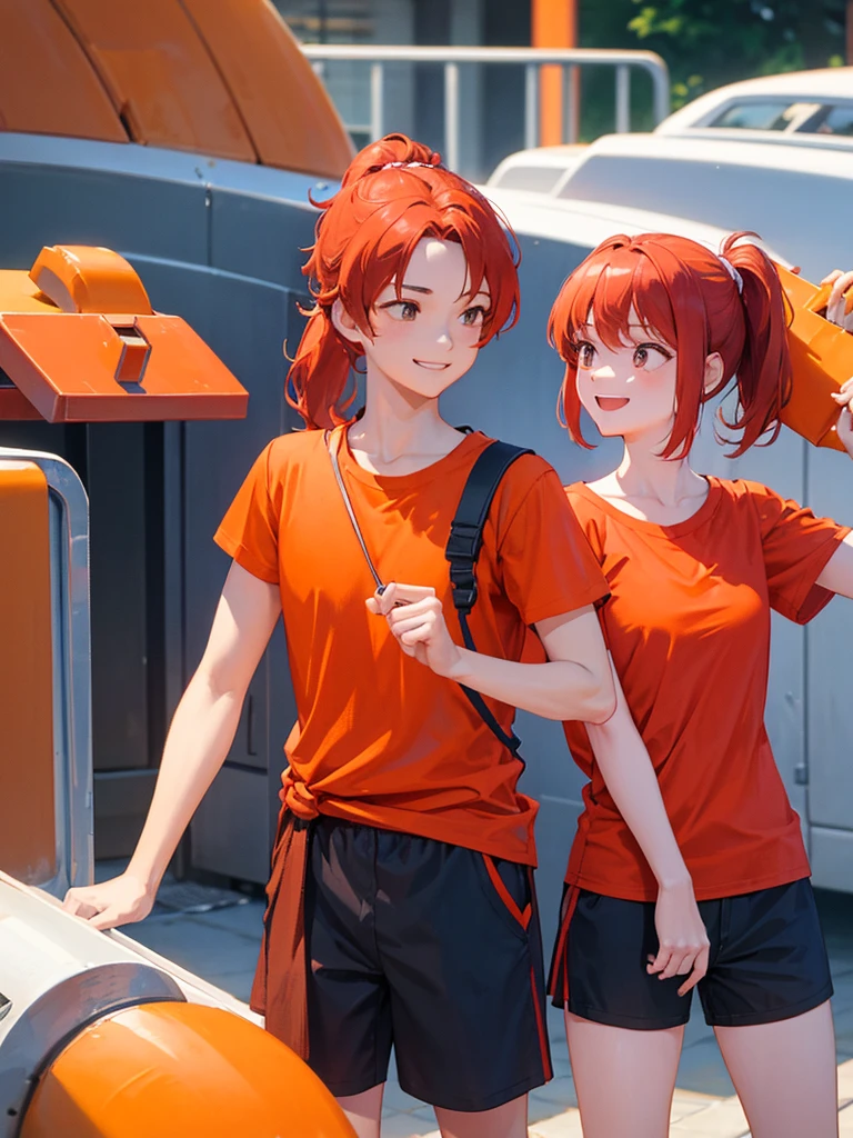 A with short, red hair tied in a small ponytail, wearing an orange t-shirt, smiles sweetly from the waist up.