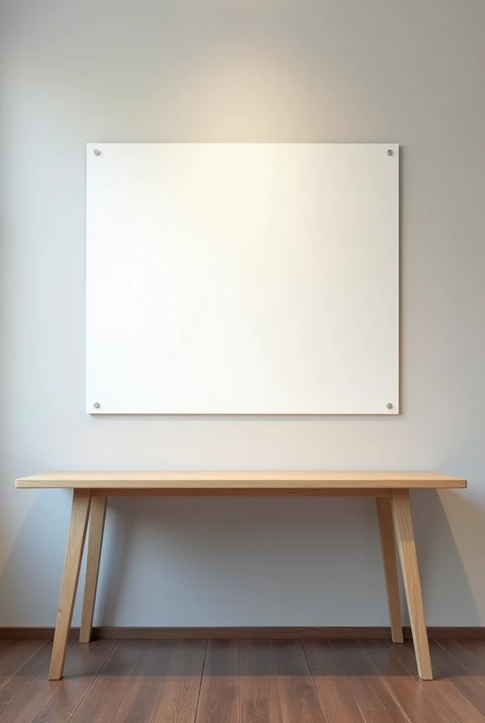 Create an image of a minimalist office room. The scene should include a light wood table, positioned in the center of the room. The table must be clear, no objects or papers on top. At the back of the room, there must be a white notice board, fixed to the wall, and without any notes or content. The room should have walls in a neutral tone., like light gray or white, and the floor can be dark wood or carpet in a sober tone. Lighting should be soft and uniform, with a sense of clarity and order.