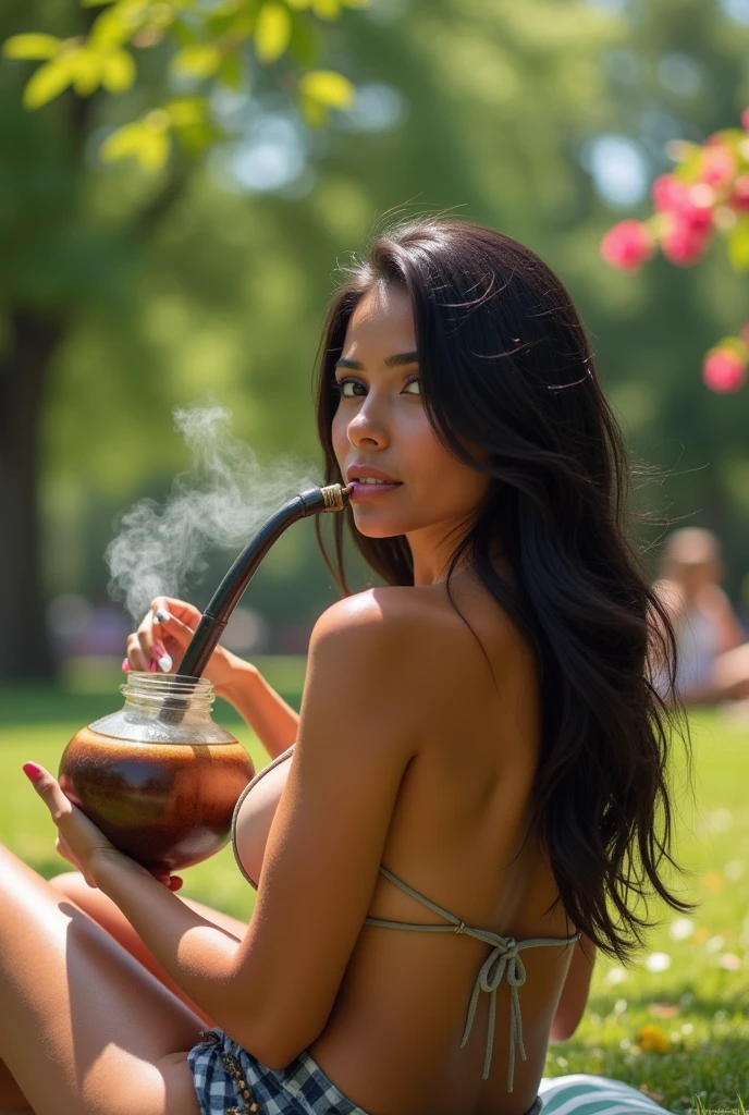 a beautiful thin and sensual Latina woman with little clothing on a summer day, drinking mate with a bombilla