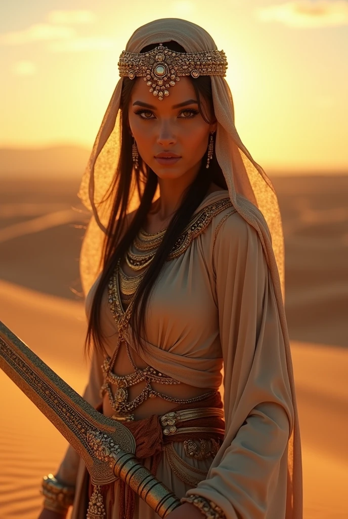 a sexy female warrior in islamic outfit, detailed face, long eyelashes, beautiful lips, intricate headdress, flowing robes, powerful stance, ornate scimitar, desert landscape, golden light, cinematic composition, digital art, highly detailed, photorealistic, 8k, artstation, concept art