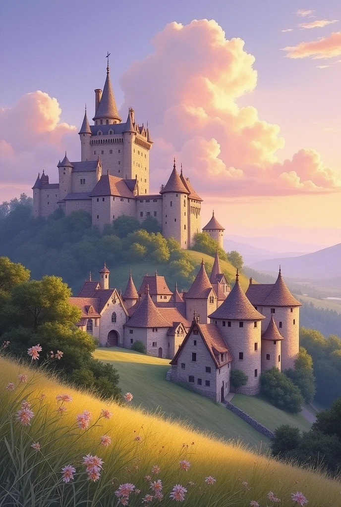 watercolor、background、middle ages、Cityscape seen in the distance、Castle visible in the distance