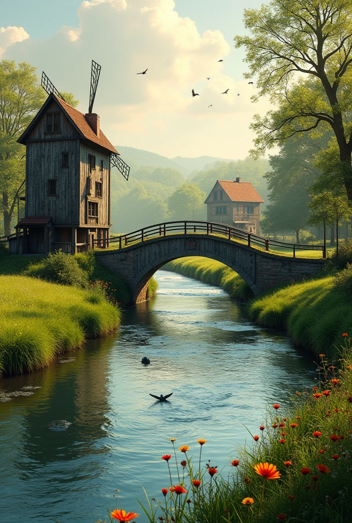 Create a picture of a village river a bridge on it.add a turbine on the left side