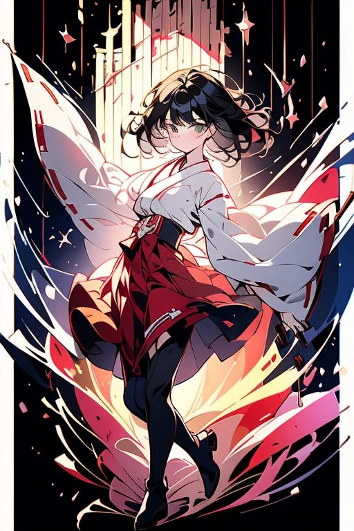 anime girl in miko outfit with medium length black hair, ((miko outfit)), green eyes, long boots, holding a wooden sword, standing full body, blushing expression, highly detailed, extremely sharp focus, masterpiece, 8k, photorealistic, professional illustration, ultra-fine detail, vivid colors, dramatic lighting, intricate fabric textures, clean background