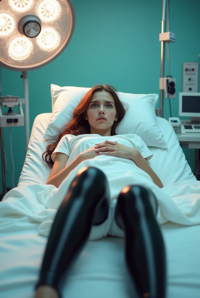 a slightly worried girl lies on a bed in the operating room in latex leggings
