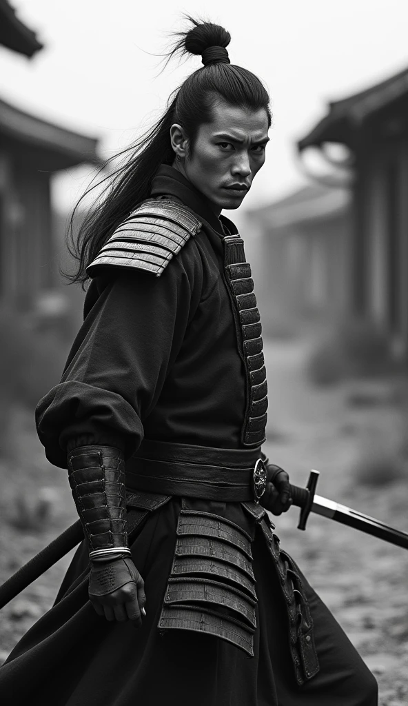 professional Black and white photography, samurai movie poster, A man swinging down a sword, a samurai, miyamoto musashi, samurai man vagabond, Ronin, Japanese warrior, A murderous expression with clenched teeth, akira kurosawa, background is Deserted Village, bokeh effect, depth of field, hyper Realistic, Professional photography, Cinema Lighting