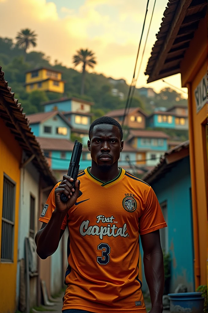 A favela with golden houses and a man in animation wearing a team shirt number 3 with 'First of the Capital' written on it and holding a .44 caliber gun just behind the favela houses, has a sign that reads 'Vila D'