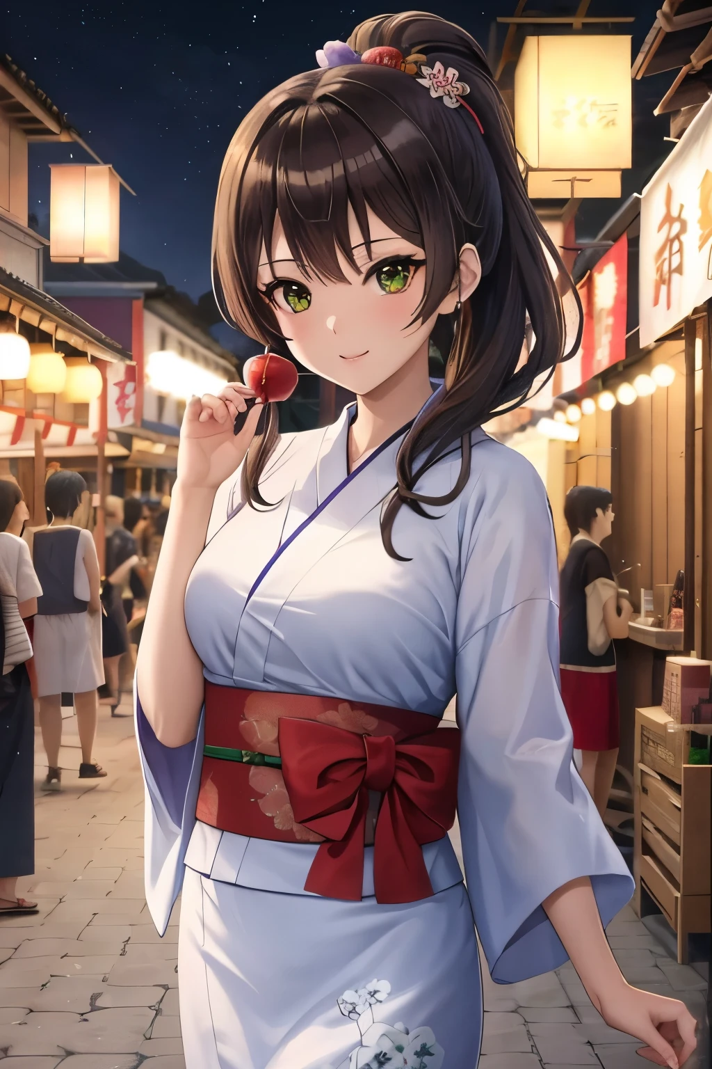 ((masterpiece, Highest quality, High resolution, 超High resolution, Pixel perfect, Written boundary depth, 4K, RTTX 10.0, High resolution))), 1 person, single, alone, Beautiful Anime, Beautiful art style, Anime characters, ((Shortcuts, bangs, Dark brown hair)), ((Green Eyes:1.4, Round eyes, Beautiful eyelashes, current eyes)), ((Smooth texture:0.75, Anime CG style)), ((Dynamic Angle, close)), Perfect body, (cute), Normal chest, whole body, ((4K, 8k, Highest quality, Perfect Fingers: 1.3, Perfect Anatomy: 1.3, Background Blur)), whole bodyアングル, Illustration of people wearing yukata enjoying the summer festival, The character is wearing a gorgeous floral yukata., Hair is tied up, Cool-looking hairpins are on display, She has a candy apple in her hand, They are happily touring the food stalls., In the background, fireworks sparkle in the night sky and street stalls are lined up with lanterns., The lively and energetic scenery of the summer festival unfolds., Overall enjoyable, Seasonal atmosphere