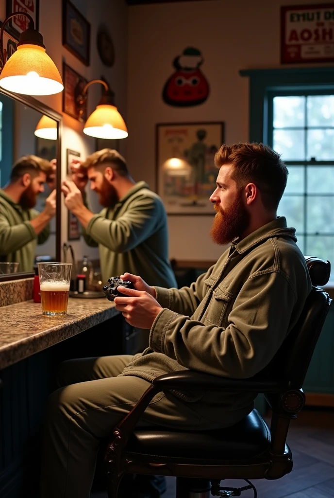 
Bearded man, cuting the hair of a man, playing ps4 and drinking beer