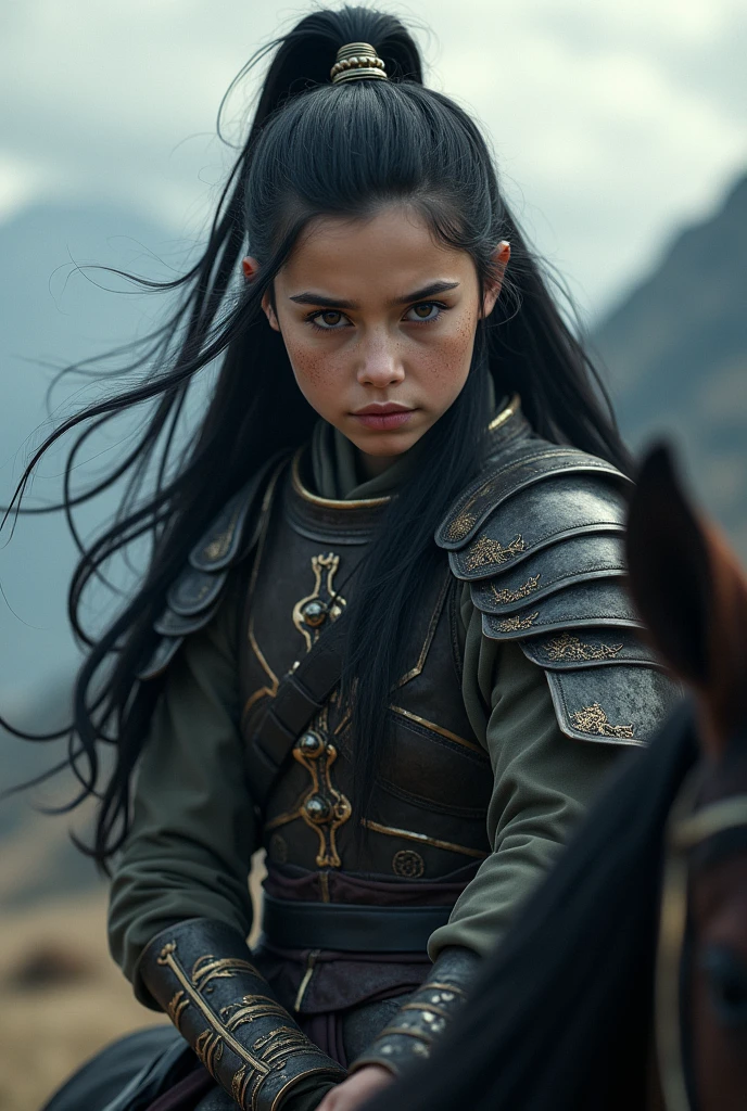 a girl with beautiful detailed eyes, beautiful detailed lips, extremely detailed eyes and face, long eyelashes, pale skin, black hair, warrior, Genghis Khan, medieval historical armor, riding a horse, epic landscape, mountains, cloudy sky, dramatic lighting, fantasy, digital art, cinematic, highly detailed, 8k, photorealistic