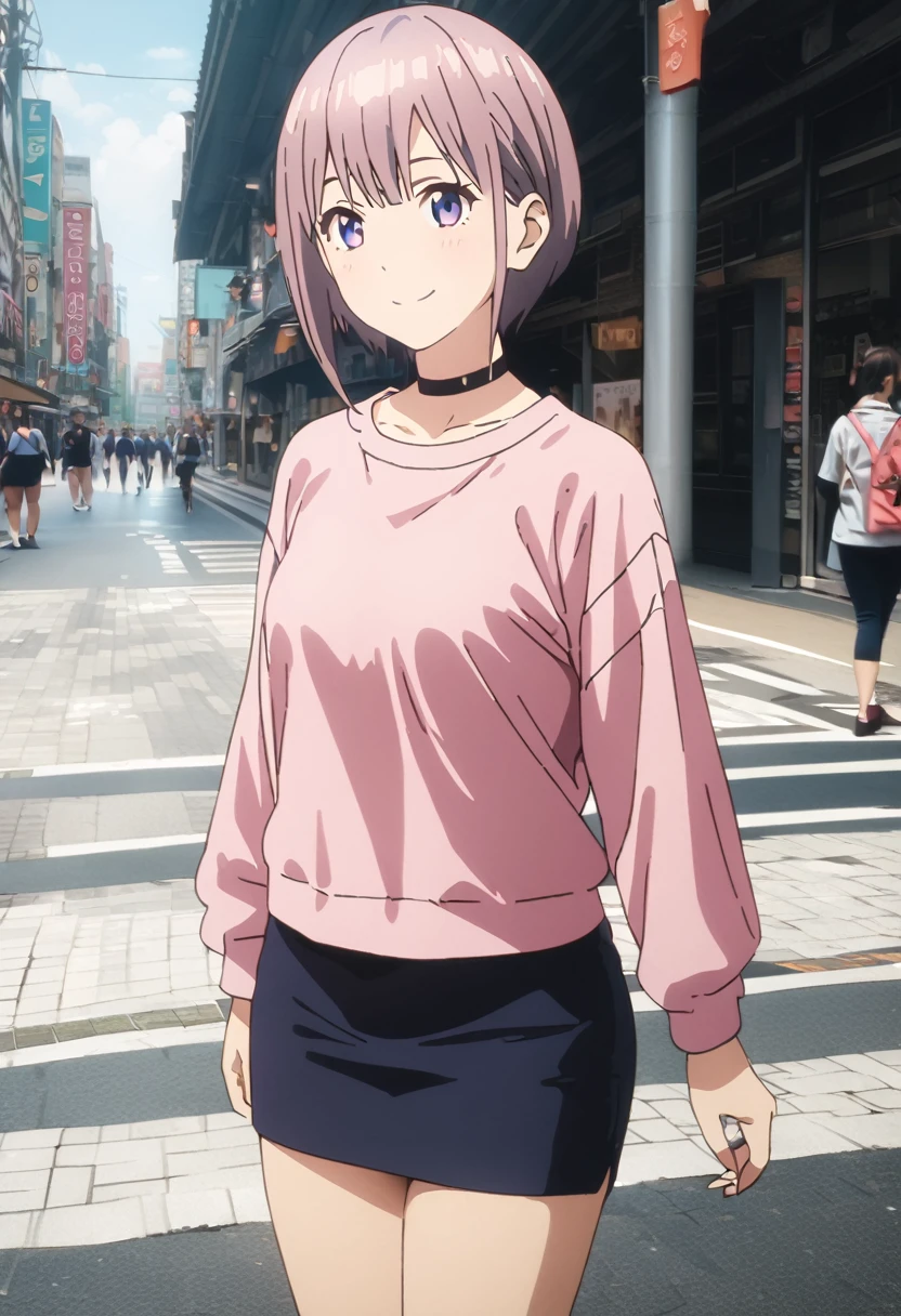 (Highest quality, 4K, 8k, High resolution, masterpiece:1.2), Very detailed, Picturesque, Anime style photo, Photo Anime:1.37)、Japanese、(Pink pixie cut)、smile、Light blue blouse、Pencil skirt、Black choker、whole body、ichika nakano