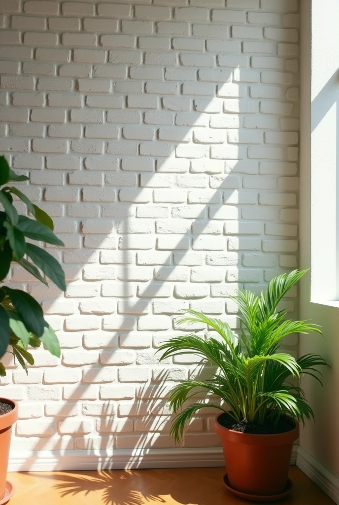 white brick wall, with green plant pot, home interior
