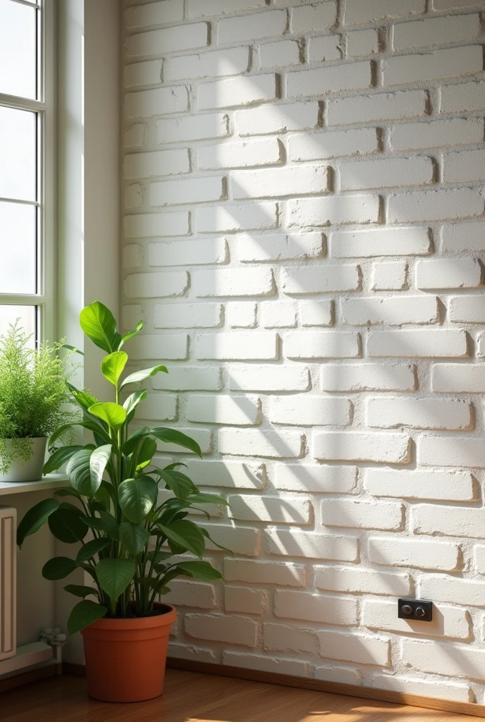 white brick wall, with green plant pot, home interior