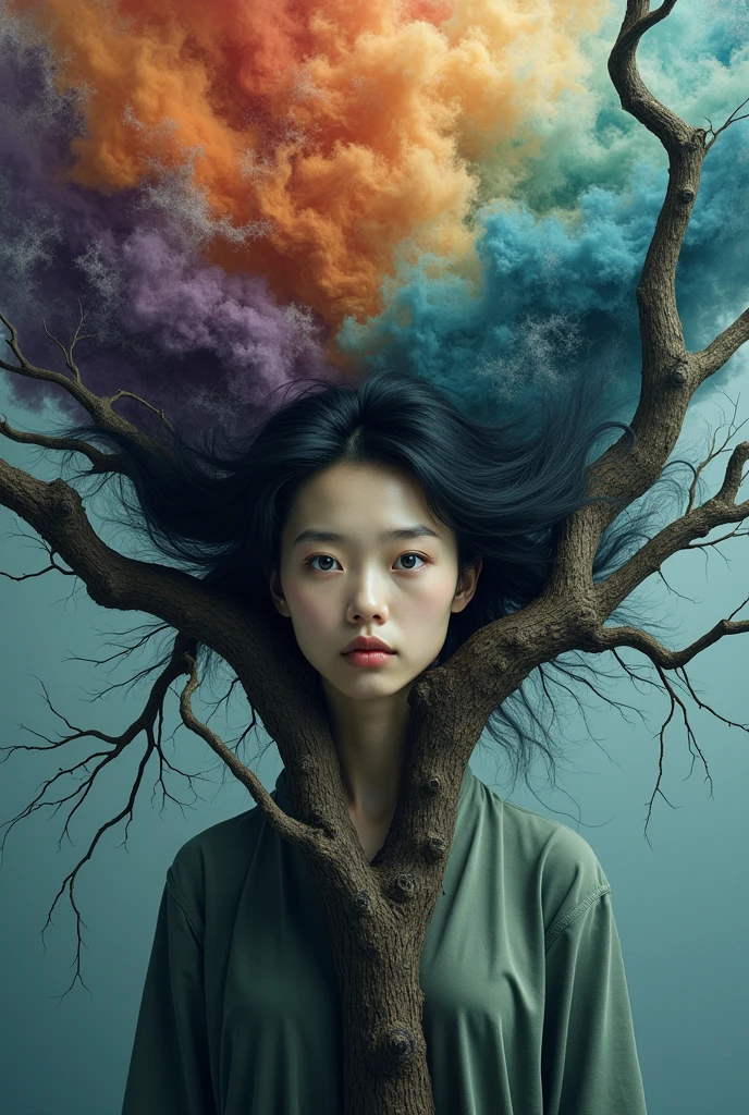 Moa Kikuchi A surreal, hyperrealistic portrait of Moa Kikuchi's face with piercing blue eyes, framed by twisted, gnarled tree branches that intertwine with her hair. The background is filled with dramatic, colourful clouds, creating a dreamlike atmosphere. The overall composition evokes a sense of mysticism and harmony between humanity and nature, blending the elements of earth, sky, and life into a cohesive, ethereal scene