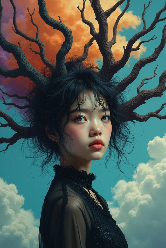Moa Kikuchi A surreal, hyperrealistic portrait of Moa Kikuchi's face with piercing blue eyes, framed by twisted, gnarled tree branches that intertwine with her hair. The background is filled with dramatic, colourful clouds, creating a dreamlike atmosphere. The overall composition evokes a sense of mysticism and harmony between humanity and nature, blending the elements of earth, sky, and life into a cohesive, ethereal scene