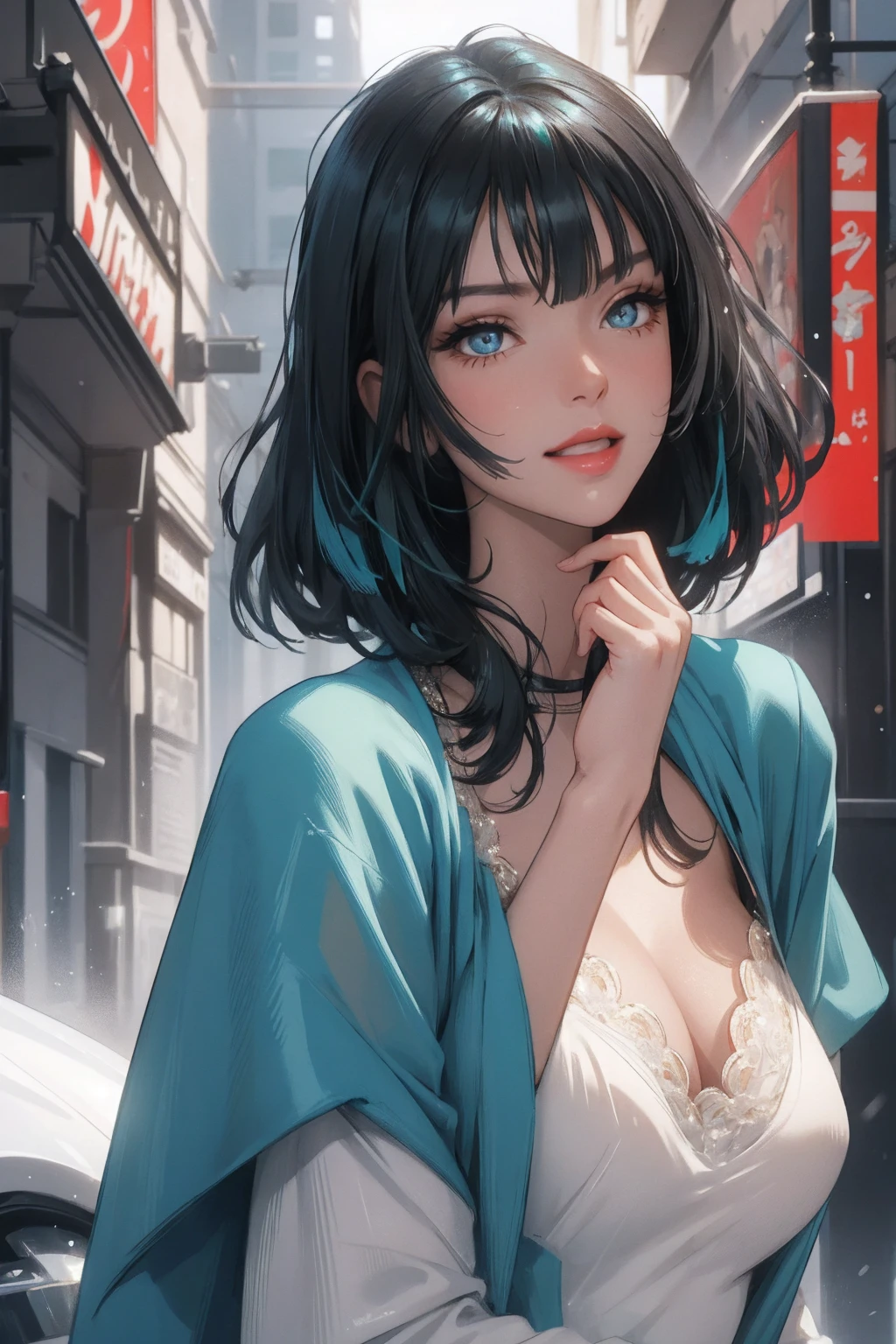 1girl,a beautiful fashion model ,(masterpiece, detailed background, best quality),short and shiny hair, blue green hair, hair with highlights, bangs, smirk,juicy lips,red lips, calmart, lingerie, stripping, elegant makeup, blue eyes, full body shot, (shiny skin), cyberpunk, sci fi, boa, extravagant jewelry, cocky expression, covered in jewelry, fancy, white dress, ((hand covering mouth, smug, discrete laughter)),