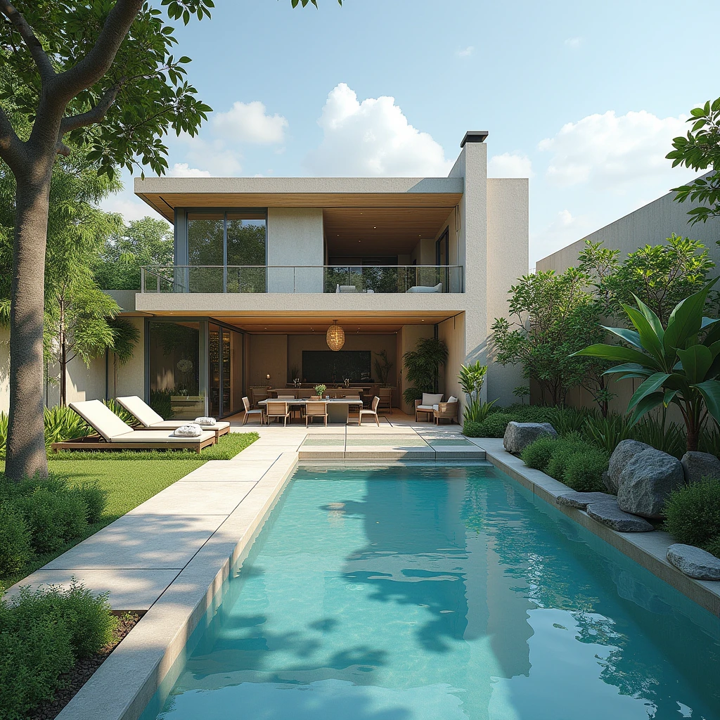 Create me really beautiful villas with a pool and a beautiful garden