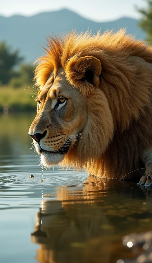 Generate an ultra realistic 8k image of a strong Lion , beautiful and sturdy drinking water from a lake