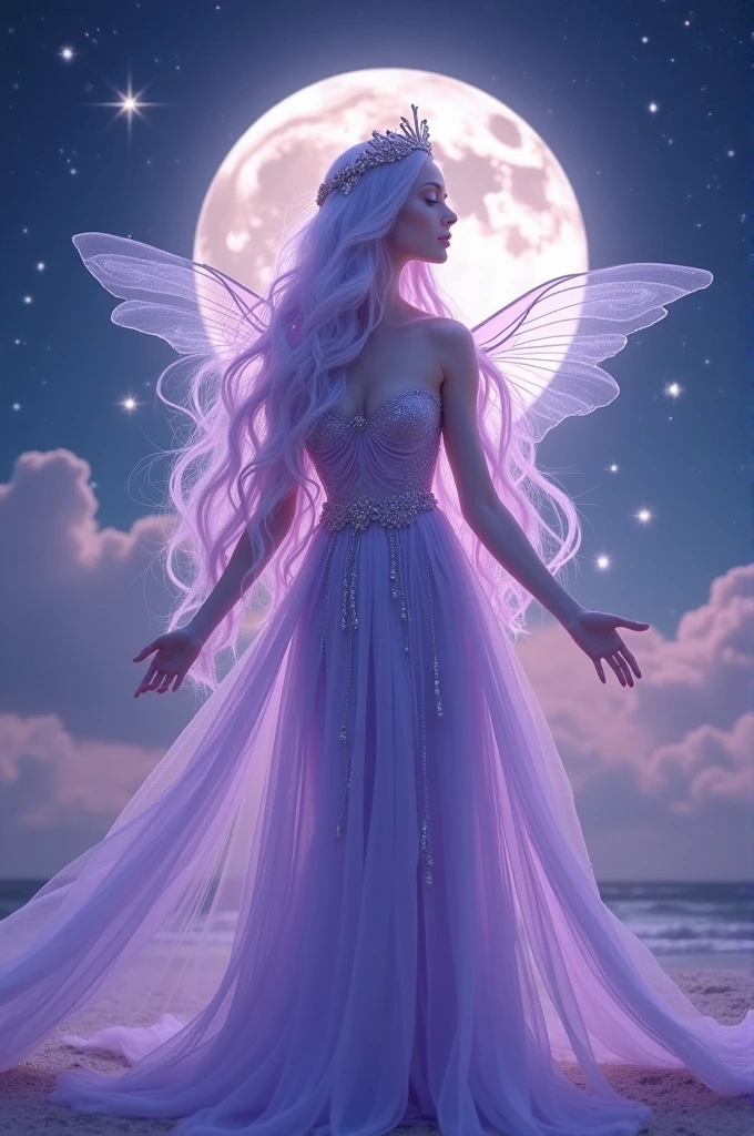Lunaris has long, flowing lavender hair that glows softly, giving her an ethereal, moonlit appearance. Her eyes are a calming lavender, reflecting serenity and magic. She wears a shimmering gown in shades of lavender that seems to change with the phases of the moon. Her accessories include a crescent moon-shaped tiara and delicate, luminescent wings, embodying her role as a mystical guide.