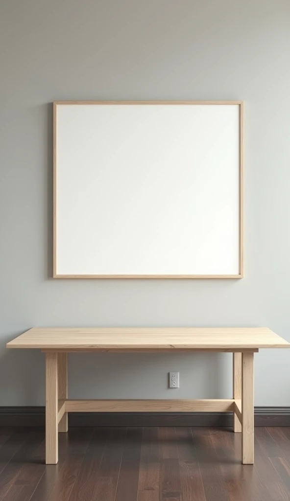 Create an image of a minimalist office room. The scene should include a light wood table, positioned in the center of the room. The table must be clear, no objects or papers on top. At the back of the room, there must be a white notice board, fixed to the wall, and without any notes or content. The room should have walls in a neutral tone., like light gray or white, and the floor can be dark wood or carpet in a sober tone. Lighting should be soft and uniform, with a sense of clarity and order.