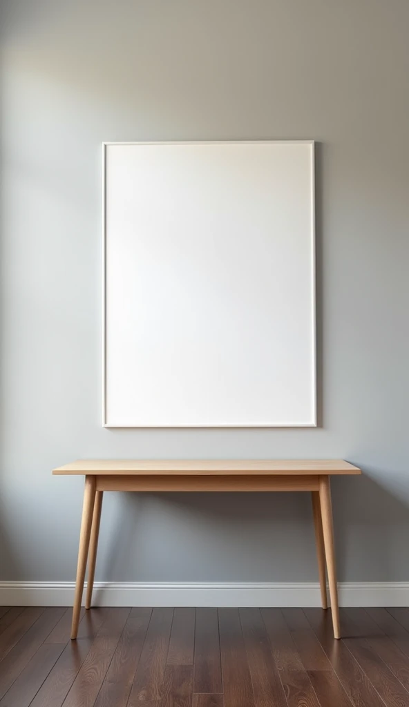 Create an image of a minimalist office room. The scene should include a light wood table, positioned in the center of the room. The table must be clear, no objects or papers on top. At the back of the room, there must be a white notice board, fixed to the wall, and without any notes or content. The room should have walls in a neutral tone., like light gray or white, and the floor can be dark wood or carpet in a sober tone. Lighting should be soft and uniform, with a sense of clarity and order.