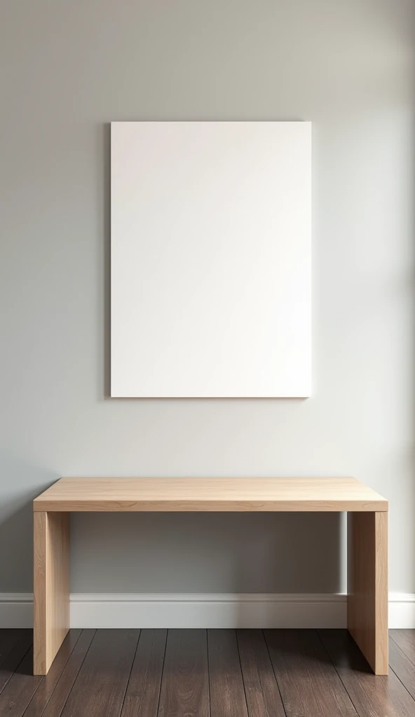 Create an image of a minimalist office room. The scene should include a light wood table, positioned in the center of the room. The table must be clear, no objects or papers on top. At the back of the room, there must be a white notice board, fixed to the wall, and without any notes or content. The room should have walls in a neutral tone., like light gray or white, and the floor can be dark wood or carpet in a sober tone. Lighting should be soft and uniform, with a sense of clarity and order.