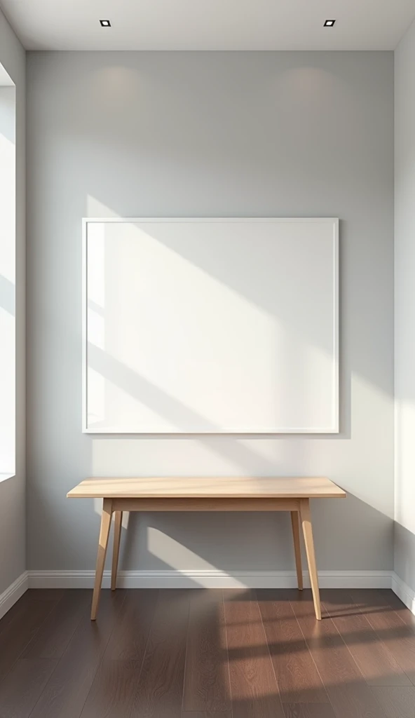 Create an image of a minimalist office room. The scene should include a light wood table, positioned in the center of the room. The table must be clear, no objects or papers on top. At the back of the room, there must be a white notice board, fixed to the wall, and without any notes or content. The room should have walls in a neutral tone., like light gray or white, and the floor can be dark wood or carpet in a sober tone. Lighting should be soft and uniform, with a sense of clarity and order.