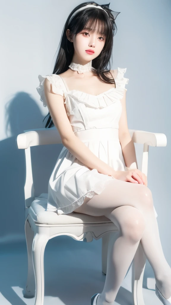 Super cute black hair，White Lolita dress girl. 8K ultra-high quality, Delicate texture, Pure white background.Wear white pantyhose，Show long legs，sit on the chair