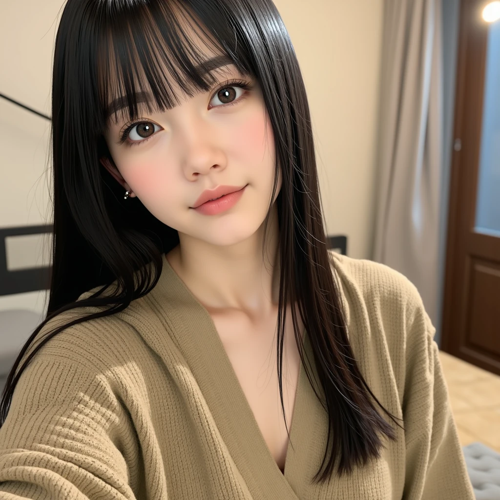 Wearing a knitted sweater & mini skirt, (Lift up your skirt to show your underwear:1.3), Realistic photo, of Japanese, nude, Lie on the bed with your legs spread, The lower body is a futuristic machine, Detailed face and body, Natural light, High resolution, photoRealistic, (Highest quality,8k,High resolution,masterpiece:1.2),Very detailed,(Realistic,photoRealistic,photo-Realistic:1.37),Realistic skin texture,Beautiful long eyes and lips,Beautifully detailed face,Long eyelashes,Smooth Skin,Natural body shape,((Medium Hair,Straight Hair,Keep your bangs straight down)),(Thin face,Small jaw,Wide forehead)