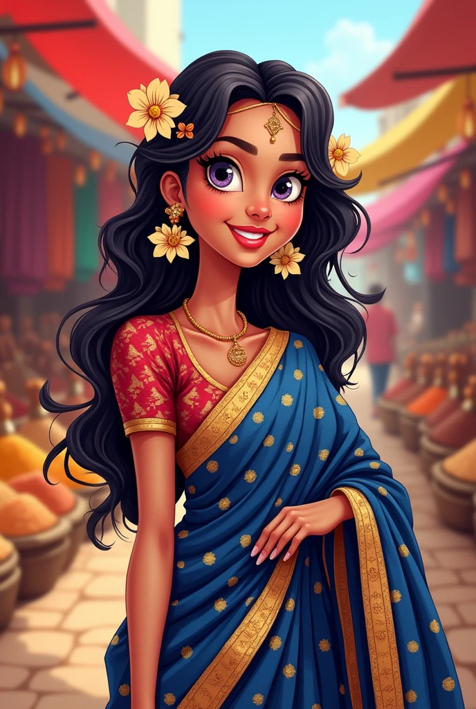 a women in cartoon form wear sari