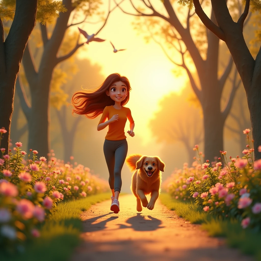 An 22 year old girl jogging with her dog in a park animated ,3d render in evening wearing trouser and shirt