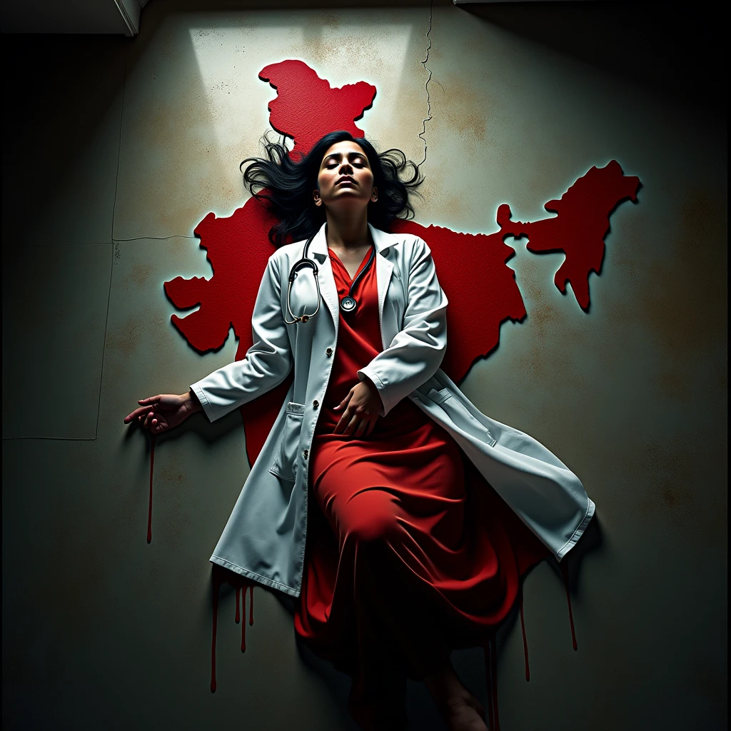 /Imagin Dead Indian doctor girl lying on the map of India The map of India is made of blood and is lying on the floor with a stenthoscope around her neck