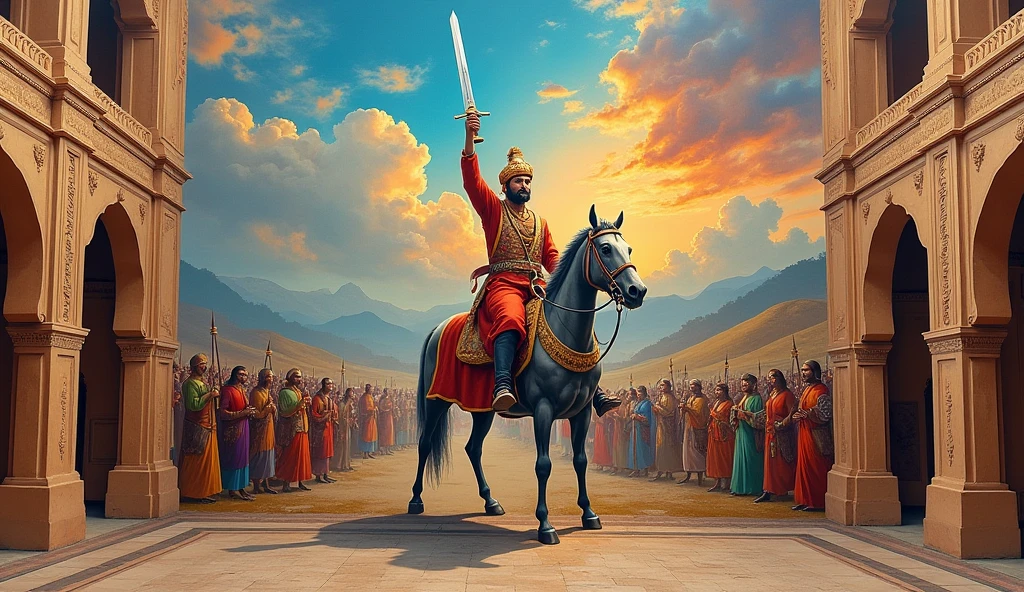 A vast mural depicting the life and times of Maharana Pratap, with scenes of his battles, his time in the Aravallis, and his interactions with his people. At the center of the mural is an image of Maharana Pratap, larger than life, with his sword raised high, symbolizing his eternal role as a beacon of courage and resistance. The mural is painted on the walls of a historic fort, with the sky above showing the first light of dawn, symbolizing a new era inspired by his legacy."