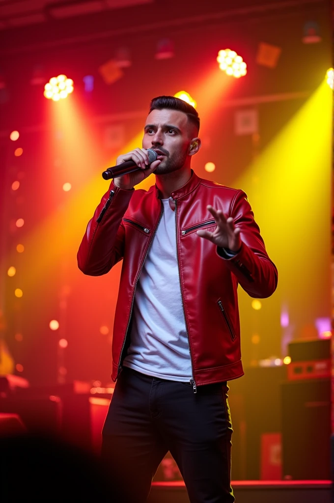 Handsome man crew cut hair wearing red leather jacket and white shirt, singing on the stage, red and yellow spotlight, karaoke atmosphere