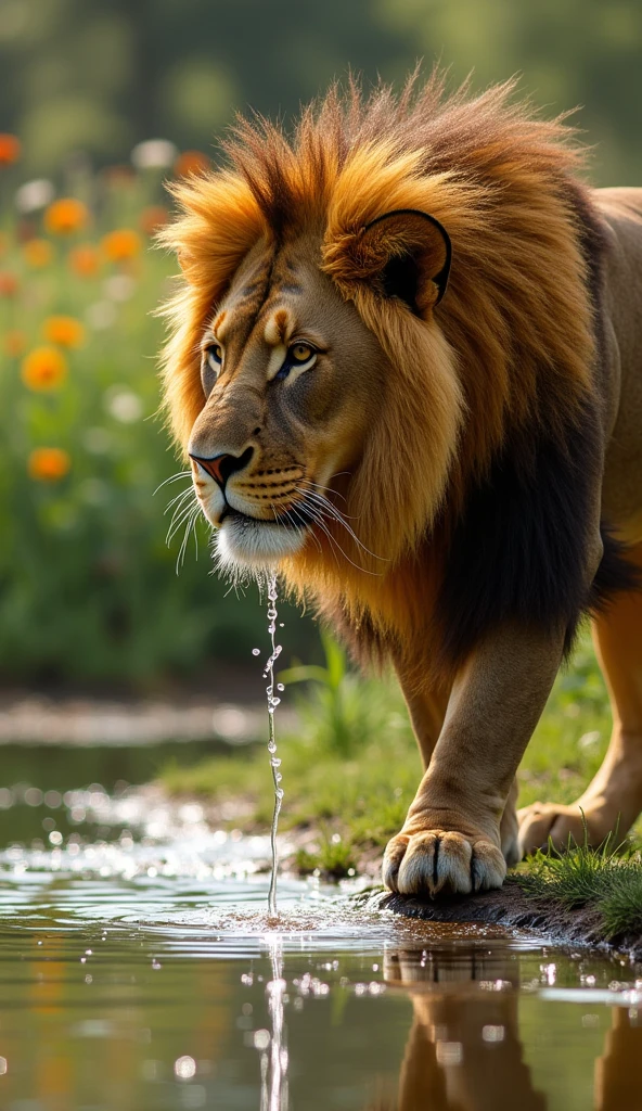 Generate an ultra realistic 8k image of a strong Lion , beautiful and sturdy drinking water from a lake