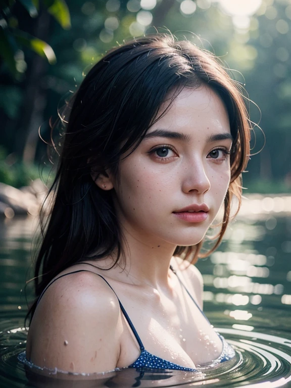 Close-up portrait of a cute woman (Gulu dot) Bathing in the river, already, (Backlight), Realistic, masterpiece, Highest quality, Lens flare, shade, bloom, [[chromatic aberration]], Jeremy Lipking, Antonio J.. Manzanado, Digital Painting,