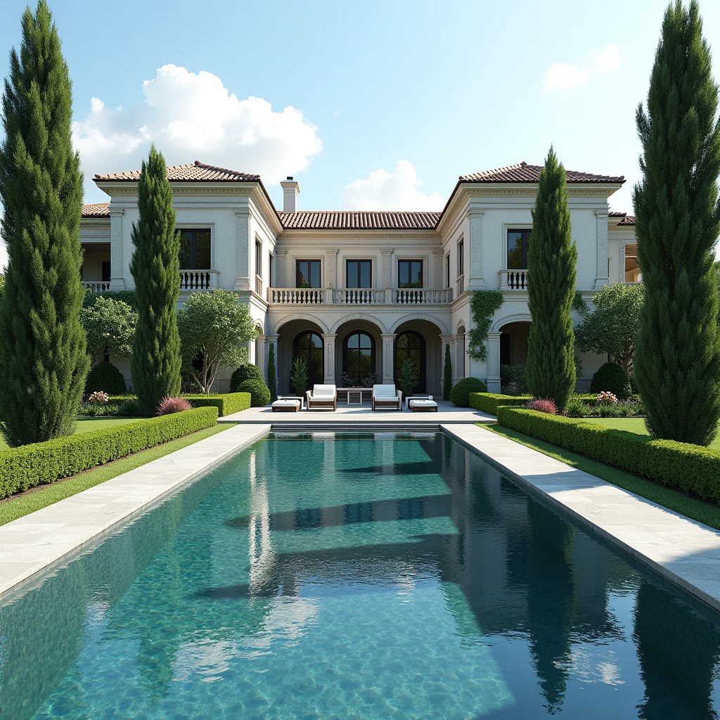 Create me a huge villa, that looks almost like a palace, that's worth 50 million €. And also a pool has a huge driveway pond, Huge garden and everything